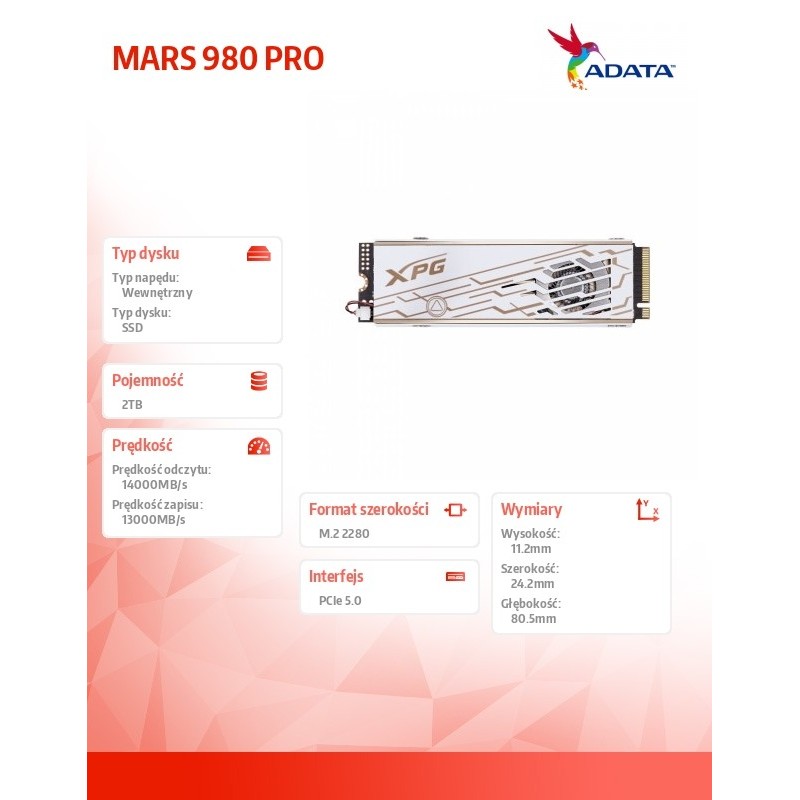 Adata Dysk SSD XPG MARS 980 PRO 2TB PCIe 5x4 14/13 GB/s M2… | PartsPC.pl
