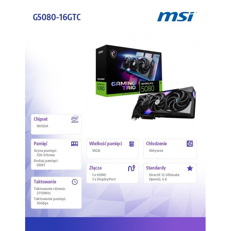 MSI Karta graficzna GeForce RTX 5080 GAMING TRIO OC 16G GDDR… | PartsPC.pl