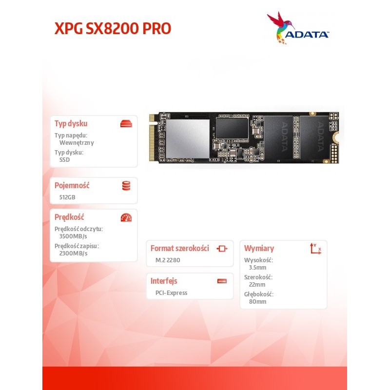Adata Dysk XPG SX8200 PRO 512GB PCIe 3.5/2.3 GB/s M.2 | PartsPC.pl