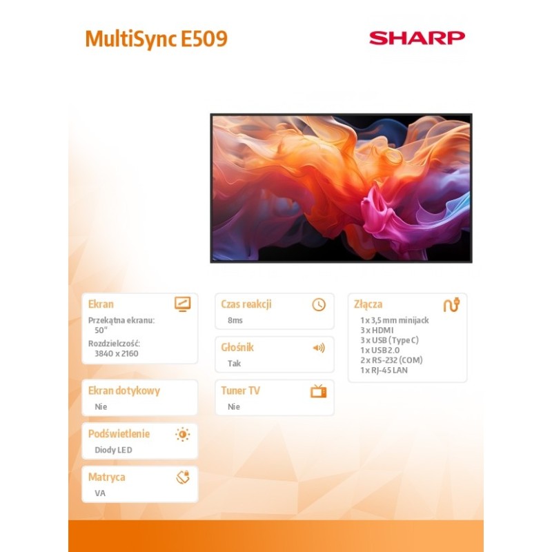 Monitor wielkoformatowy MultiSync E509 50 cali UHD 16/7 350c… | PartsPC.pl