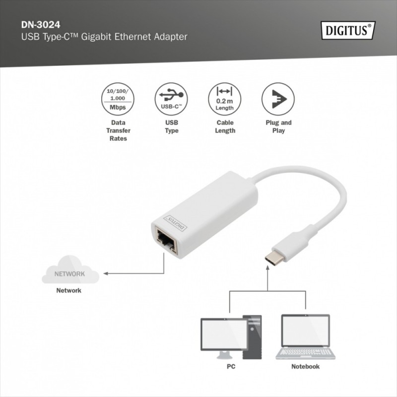 Karta sieciowa DIGITUS przewodowa USB 3.0 Typ C do Gigabit Ethernet