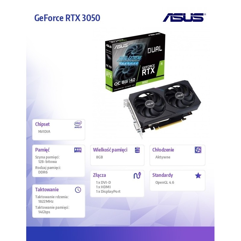 Karta VGA Asus Dual GeForce RTX 3050 V2 OC Edition 8GB GDDR6 128bit