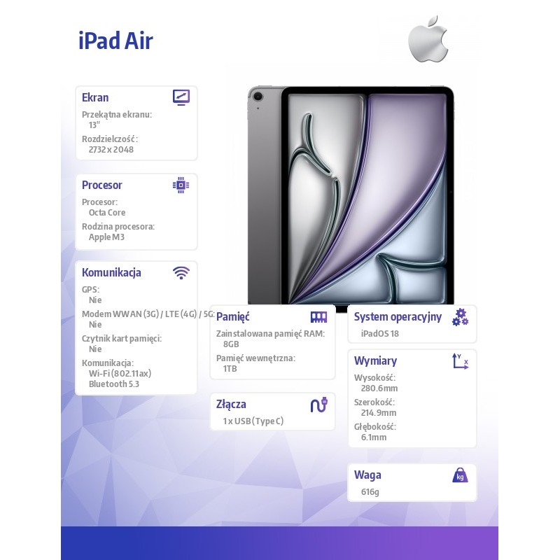 iPad Air 13 cali WiFi 1TB Szary | PartsPC.pl