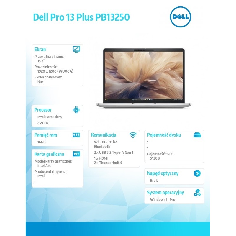 Laptop Dell Pro 13 Plus PB13250 W11P Ultra 7 266V/16GB/512GB… | PartsPC.pl