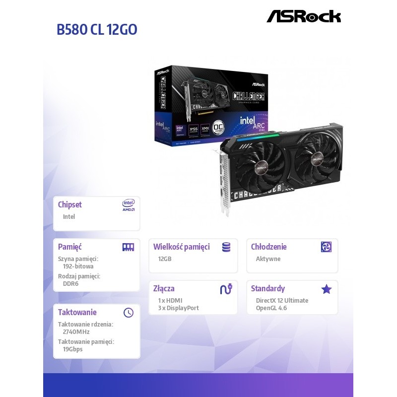 ASRock Karta graficzna B580 CHALLENGER 12G OC GDDR6 192bit 3… | PartsPC.pl