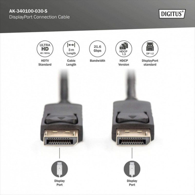 Kabel DisplayPort DIGITUS z zatrzaskami 4K 60Hz UHD Typ DP/D… | PartsPC.pl