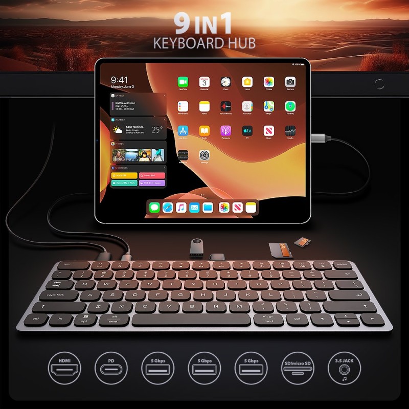 HMC-KB-US Klawiatura USB-C 5Gbps z wieloportowy hub 9in1, SD… | PartsPC.pl