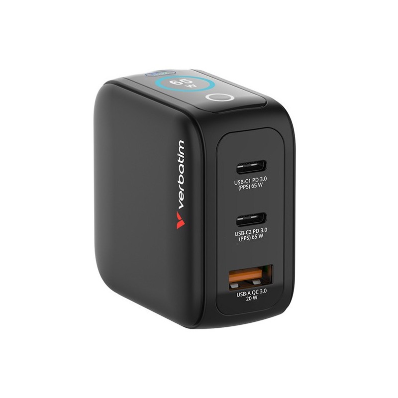Ładowarka Mini GaN 65W TFT 2xUSB-C 1xUSB-A  EU/UK/USA 30238 | PartsPC.pl