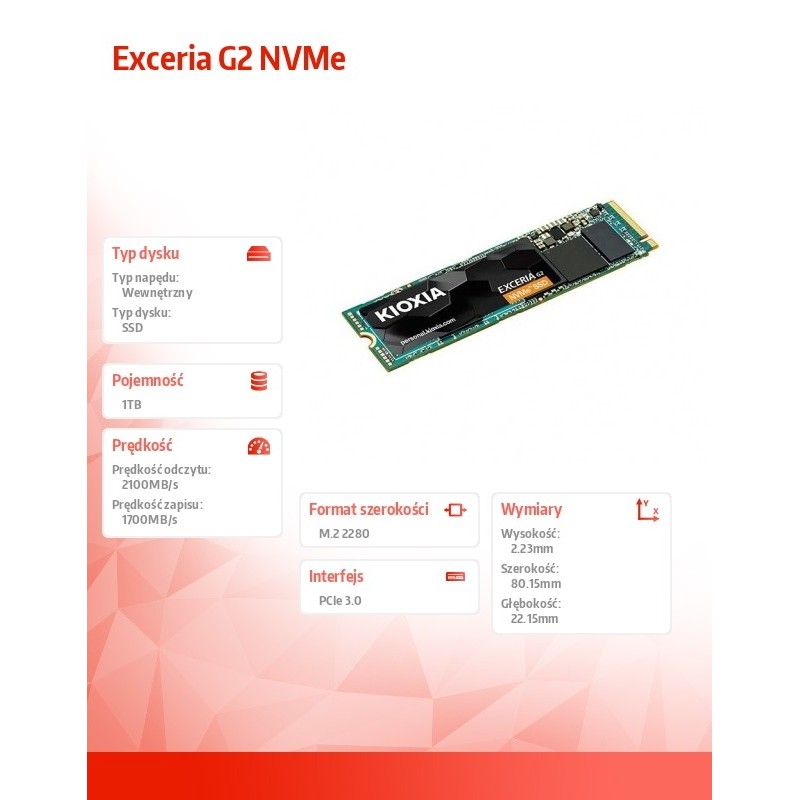 Dysk SSD KIOXIA EXCERIA G2 1TB PCIe Gen3x4 NVMe (2100/1700 MB/s) 2280