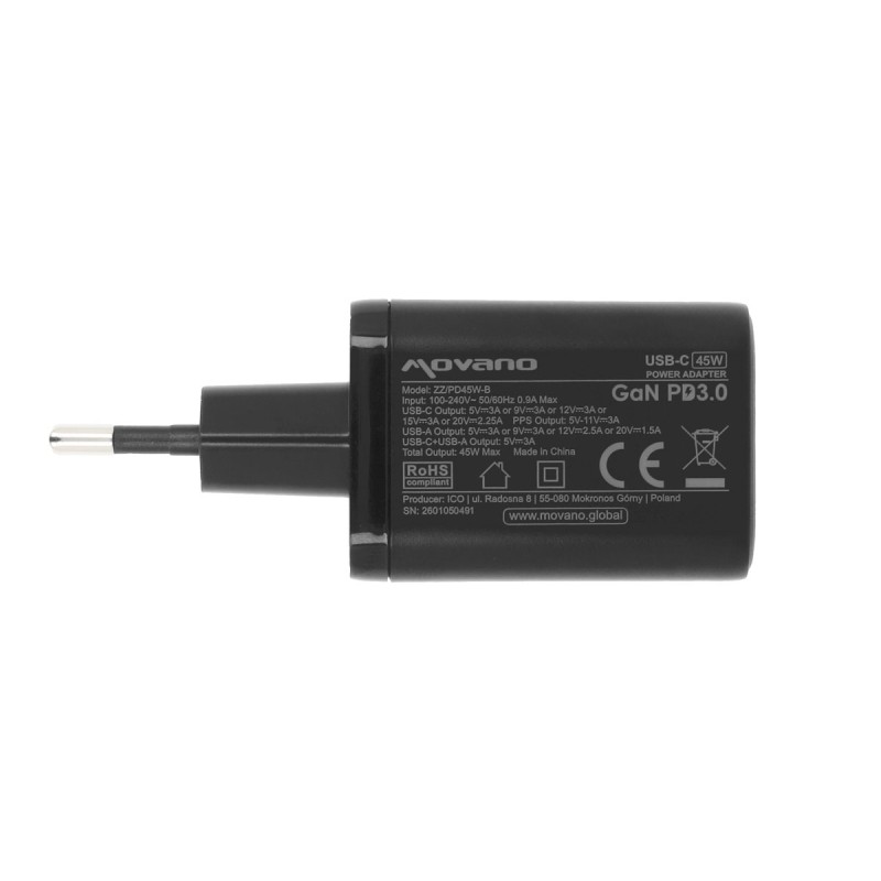 Ładowarka Movano GaN 45W USB-C PD + USB-A (black) | PartsPC.pl