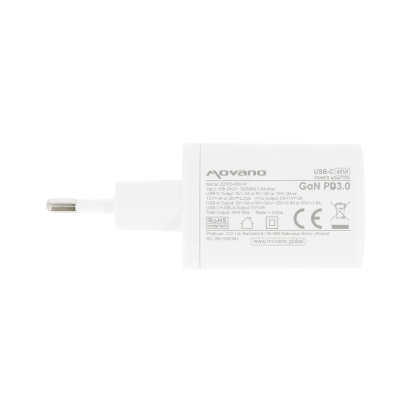 Ładowarka Movano GaN 45W USB-C PD + USB-A (white) | PartsPC.pl
