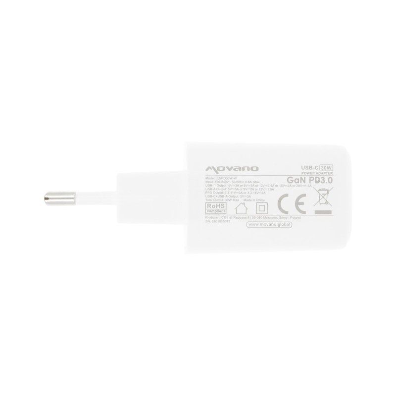 Ładowarka Movano GaN 30W USB-C PD + USB-A (white) | PartsPC.pl