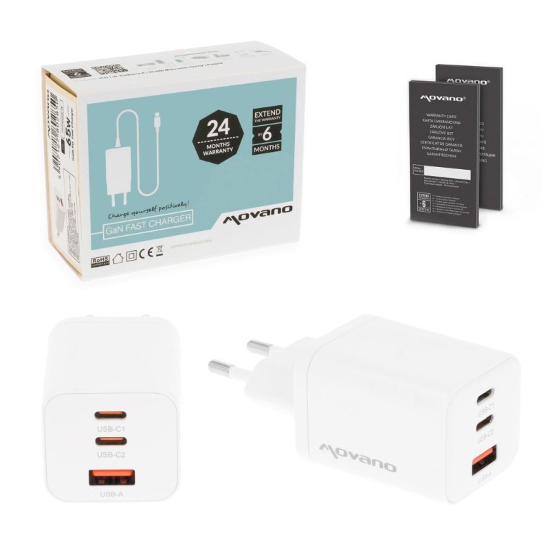 Ładowarka Movano GaN 65W 2x USB-C PD + USB-A (white) | PartsPC.pl