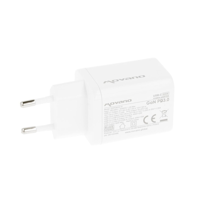 Ładowarka Movano GaN 65W 2x USB-C PD + USB-A (white) | PartsPC.pl