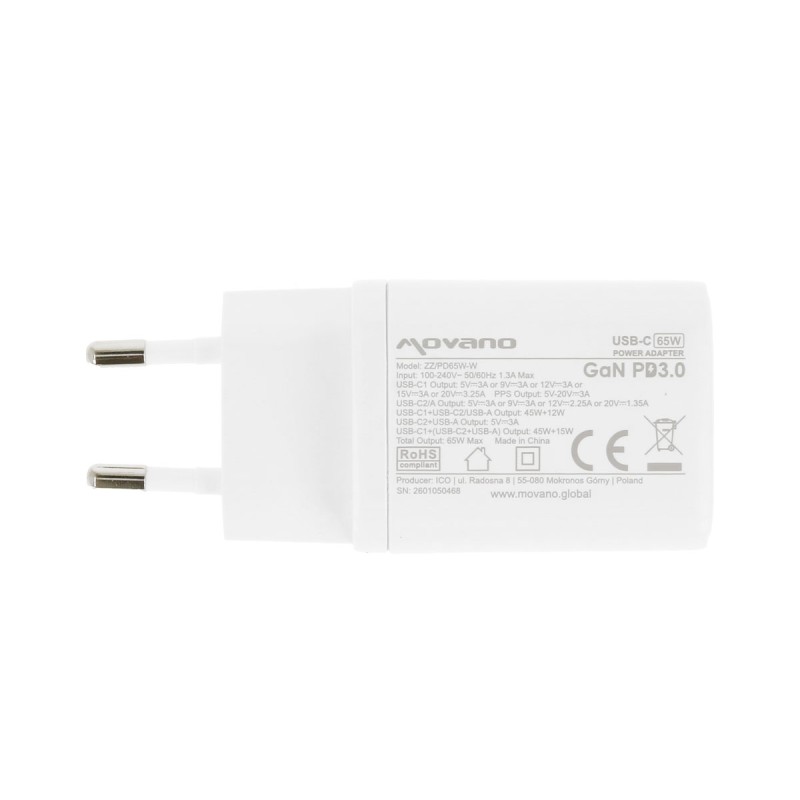 Ładowarka Movano GaN 65W 2x USB-C PD + USB-A (white) | PartsPC.pl