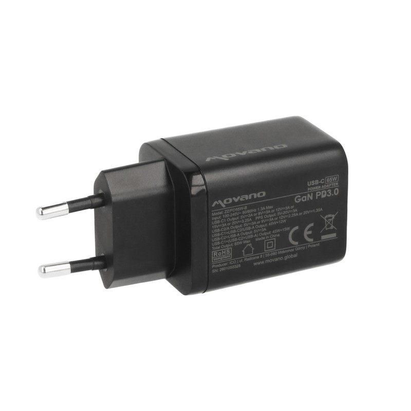 Ładowarka Movano GaN 65W 2x USB-C PD + USB-A (black) | PartsPC.pl