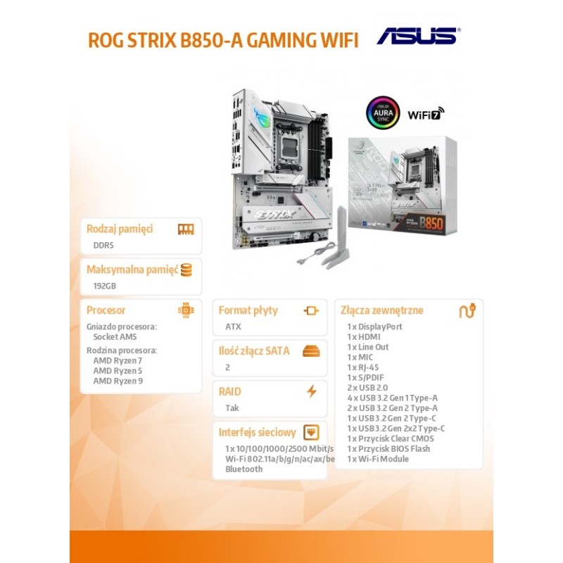 Asus Płyta główna ROG STRIX B850-A GAMING WIFI | PartsPC.pl