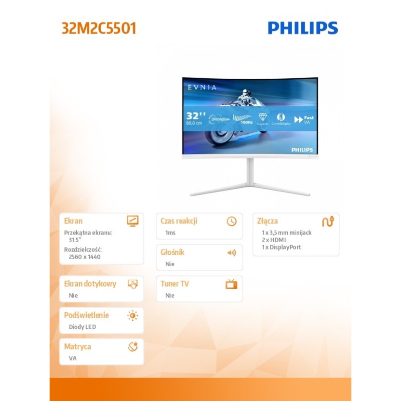 Monitor Philips 31,5" 32M2C5501/00 VA QHD 180Hz 2xHDMI DP | PartsPC.pl
