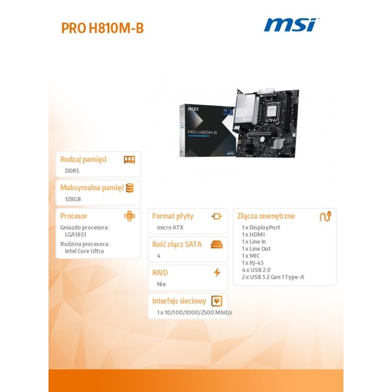 Płyta MSI PRO H810M-B /H810/DDR5/SATA3/M.2/USB3.1/PCIe5.0/s.… | PartsPC.pl