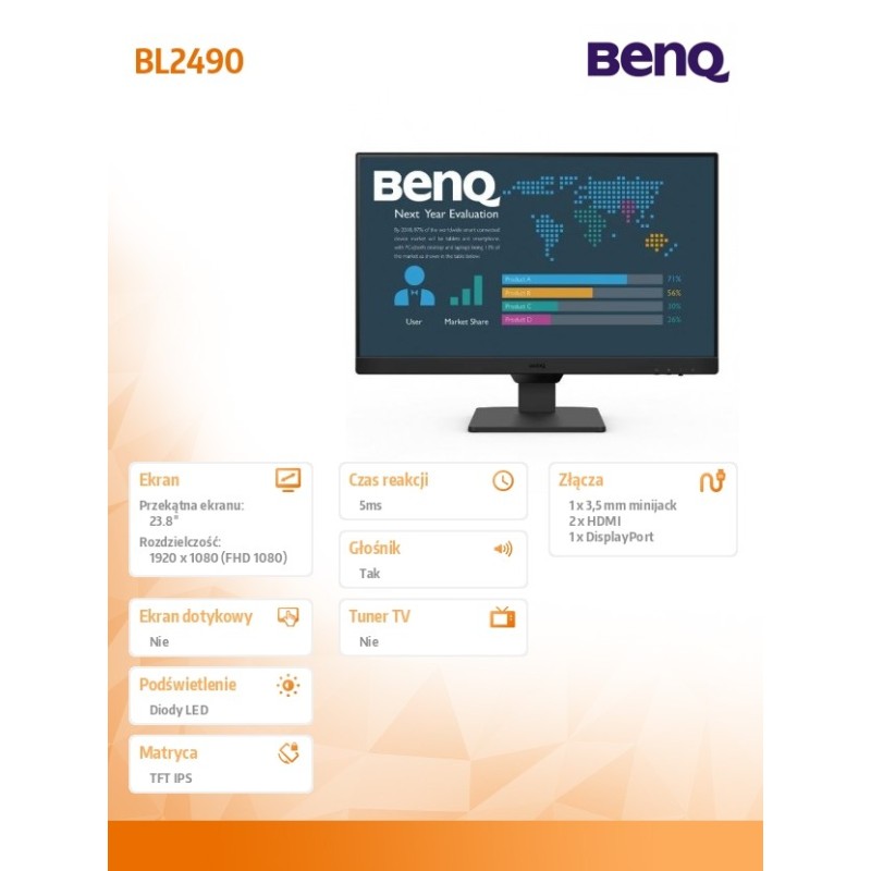 Benq Monitor 23.8 cala BL2490 LED 4ms/1000:1/IPS/HDMI | PartsPC.pl