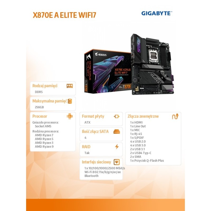 Płyta Gigabyte X870E AORUS ELITE WIFI7 /AMD | PartsPC.pl