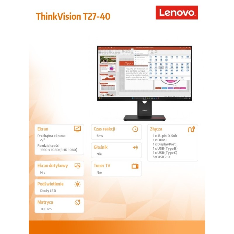 Lenovo Monitor ThinkVision T27-40 27 cali 64A5ZAT6EU | PartsPC.pl