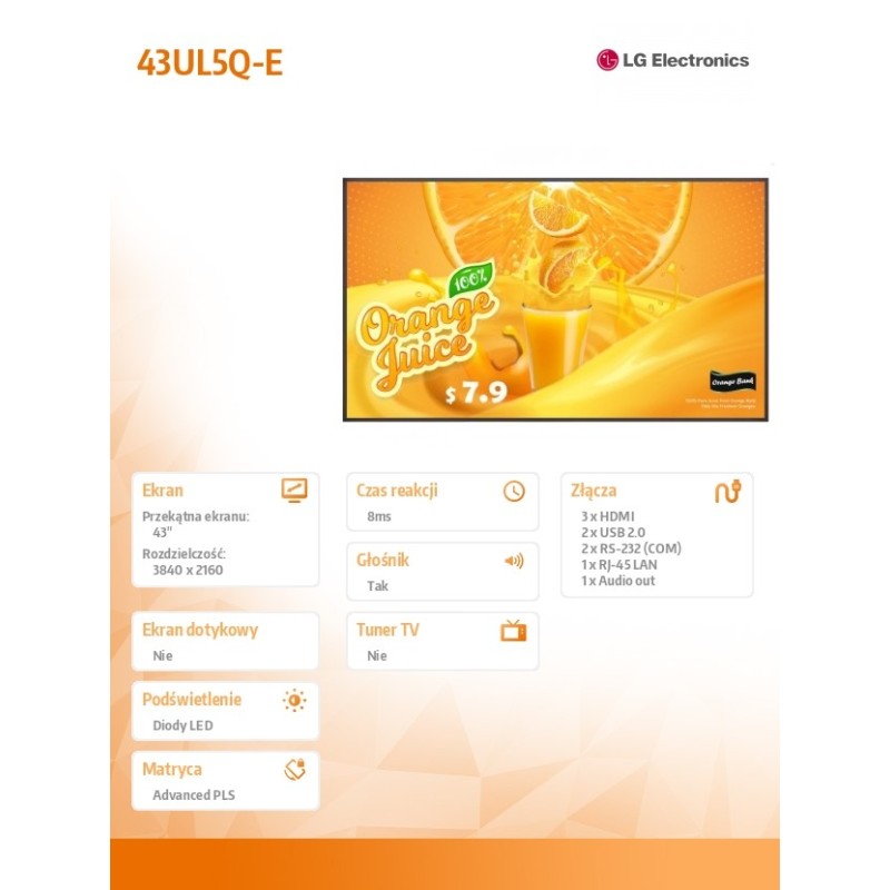 Monitor wielkoformatowy 43UL5Q-E 500cd/m2 UHD 24/7 | PartsPC.pl
