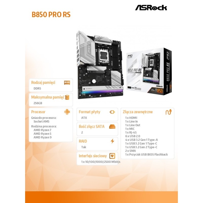 Płyta ASrock B850 Pro RS /AMD B850/DDR5/SATA3/M.2/USB3.2/PCI… | PartsPC.pl