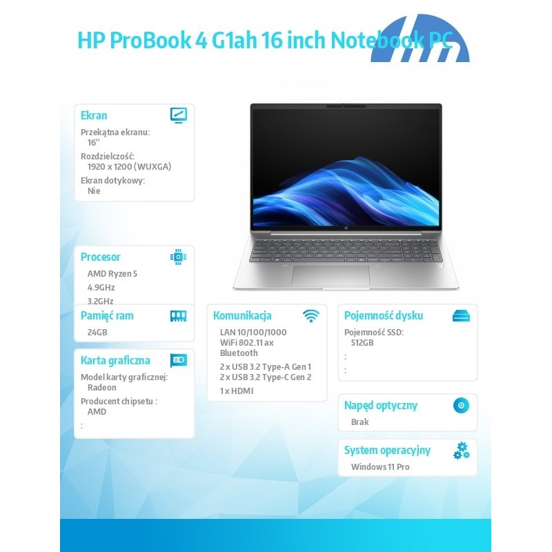 Notebook HP ProBook 4 G1a 16 AI 16"WUXGA/Ryzen 5 220/24GB/SS… | PartsPC.pl