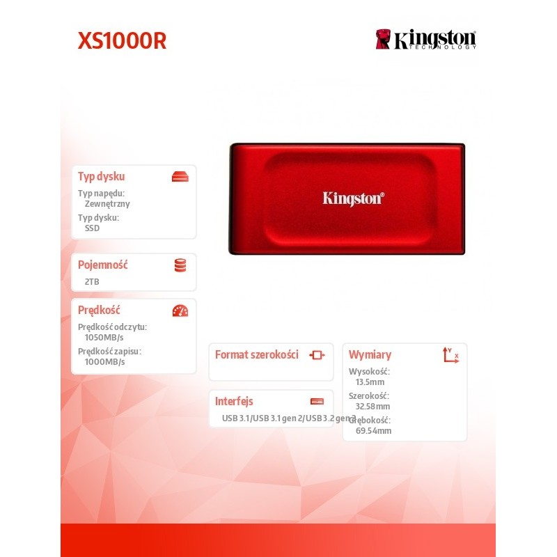 Dysk SSD XS1000R 2TB USB3.2 Gen2.2 Zewnętrzny Red | PartsPC.pl