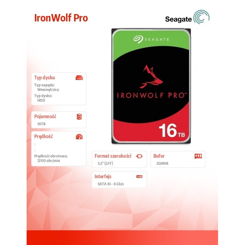 Dysk SEAGATE IronWolf™ PRO ST16000NT001 16TB 3,5" 7200 256MB… | PartsPC.pl