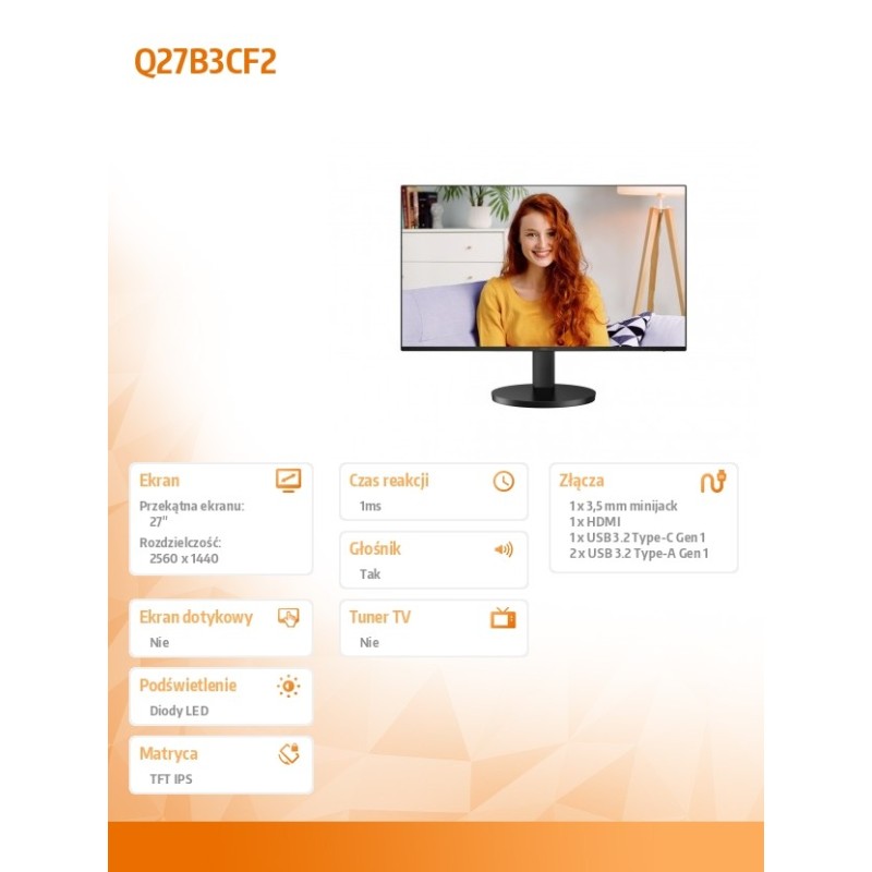 Monitor AOC 27" Q27B3CF2 HDMI 3xUSB głośniki 2x2W | PartsPC.pl