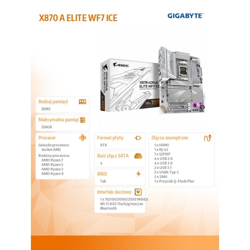 Płyta Gigabyte X870 AORUS ELITE WIFI7 ICE /AMD | PartsPC.pl