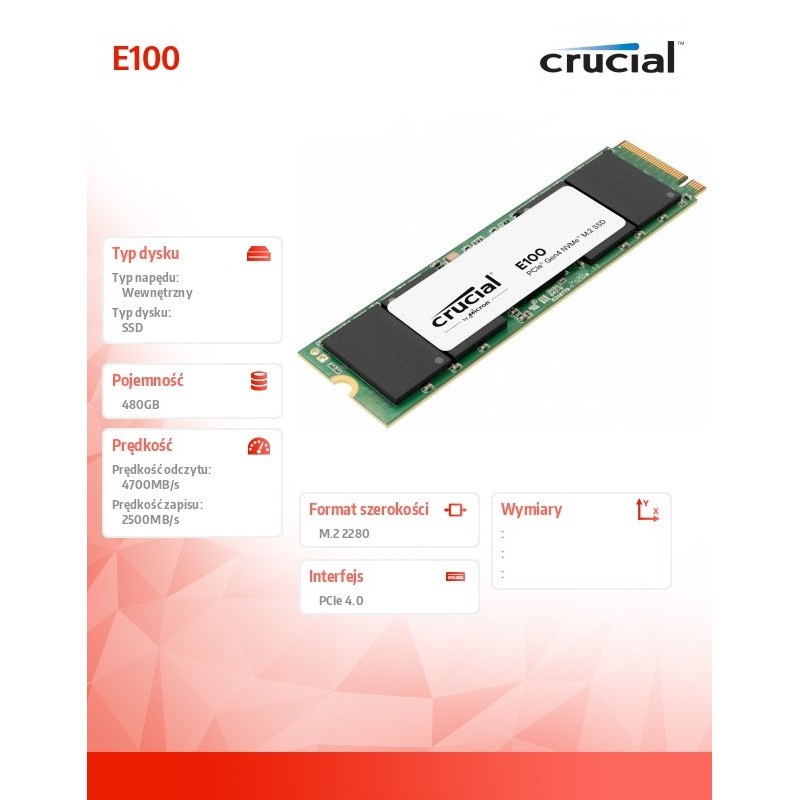 Dysk SSD Crucial E100 480GB M.2 PCIe 4.0 x4 NVMe 2280 (4700/… | PartsPC.pl