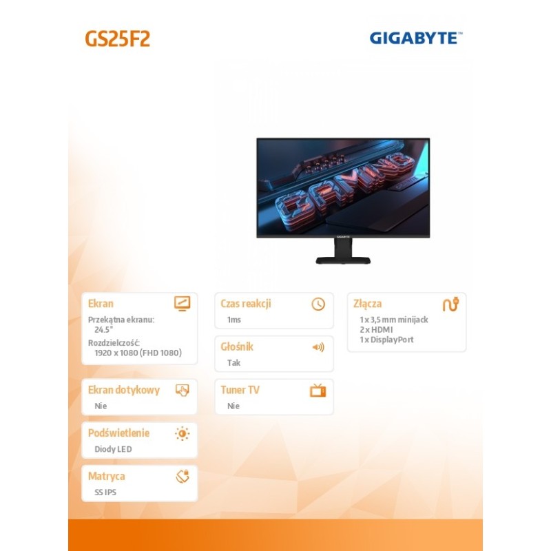 Monitor Gigabyte 24,5" GS25F2 IPS FHD 200Hz 2xHDMI DP głośni… | PartsPC.pl