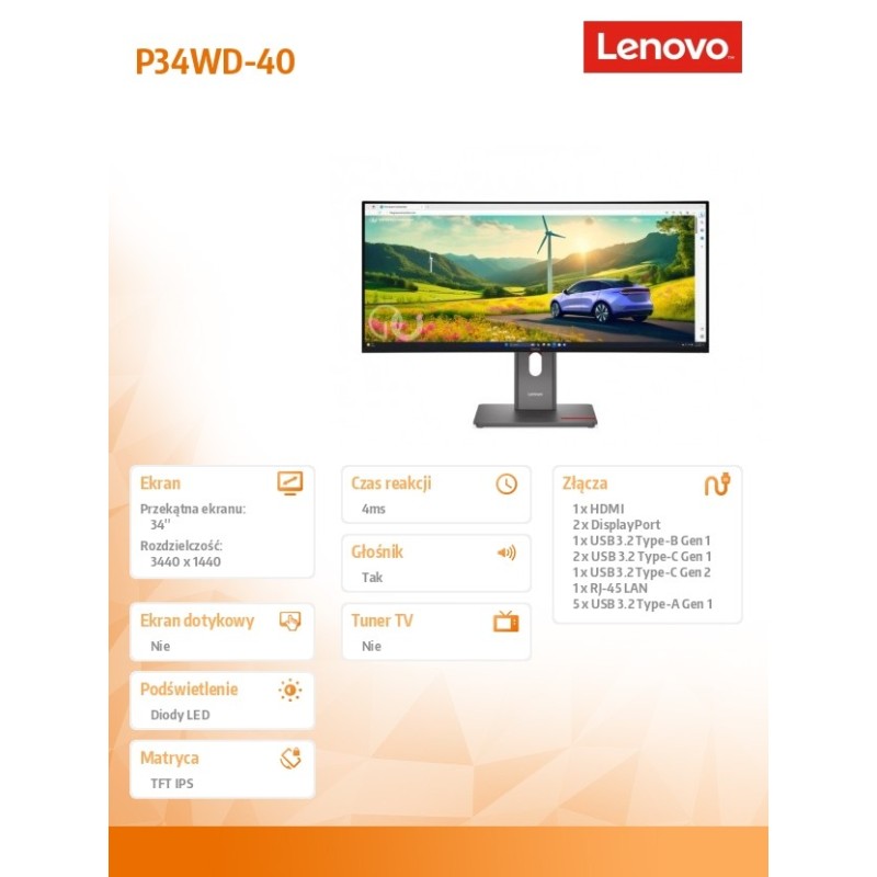 Lenovo Monitor ThinkVision P34WD-40 34 cale 64ADGAT1EU | PartsPC.pl