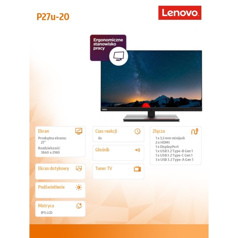 Lenovo Monitor 27.0 ThinkVision P27u-20 WLED LCD 62CBRAT6EU… | PartsPC.pl