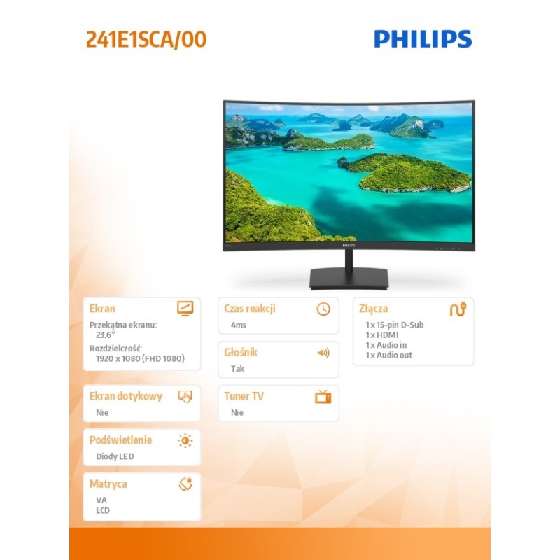 Monitor Philips 23,6" 241E1SCA/00 VGA HDMI głośniki
