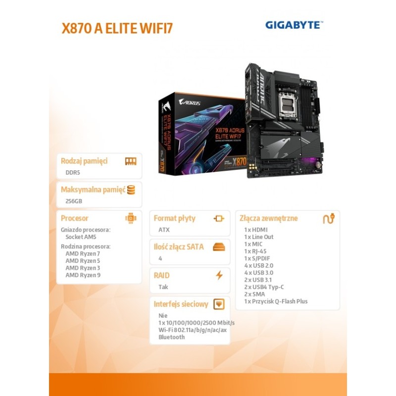 Płyta Gigabyte X870 AORUS ELITE WIFI7 /AMD | PartsPC.pl