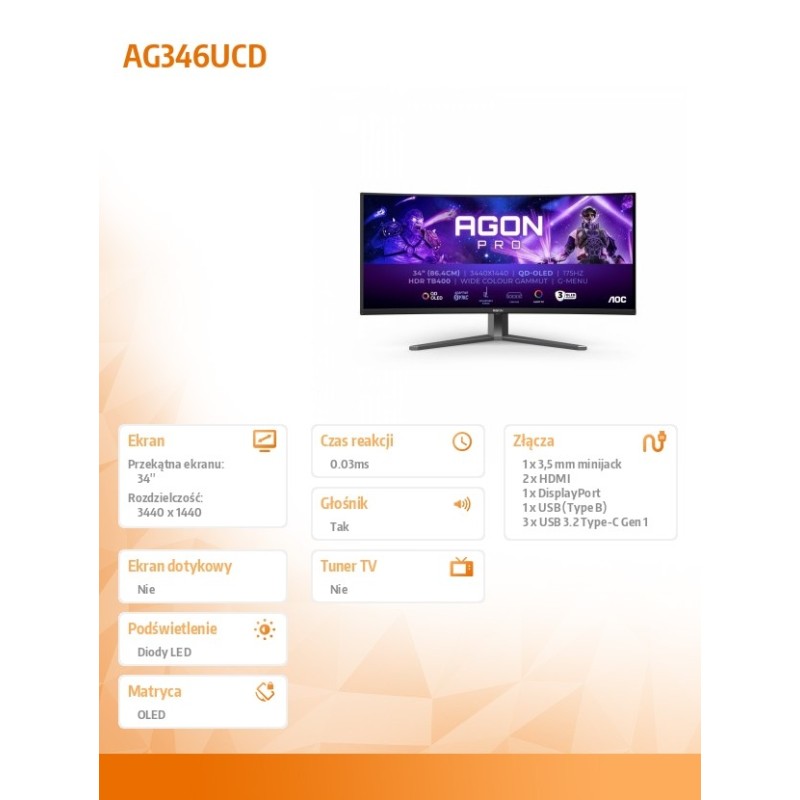 Monitor AOC 34" AG346UCD QD-OLED WQHD 175Hz 2xHDMI DP... | PartsPC.pl