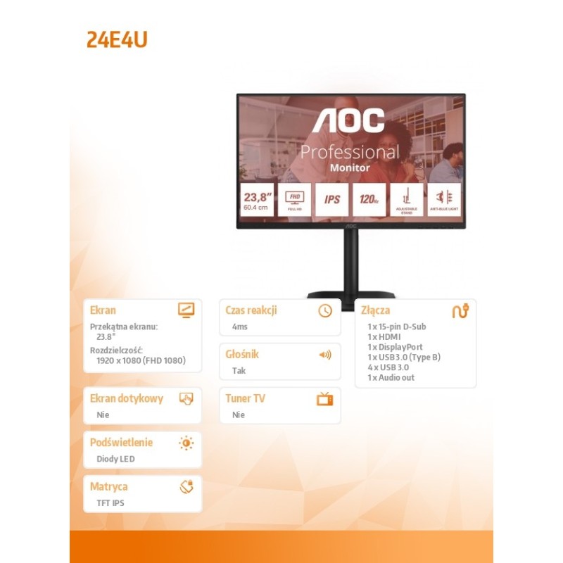 Monitor AOC 23,8" 24E4U IPS FHD 120Hz HDMI DP VGA HUB głośni… | PartsPC.pl