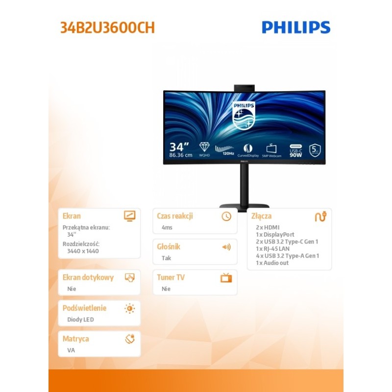 Philips Monitor 34 cale 34B2U3600CH Curved VA HDMIx2 D... | PartsPC.pl
