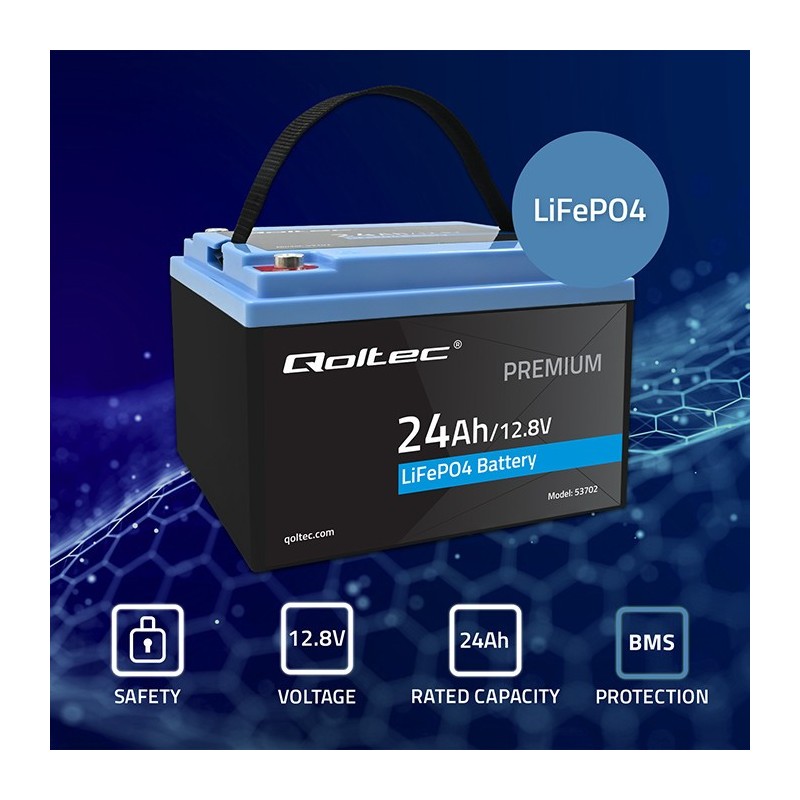 Akumulator LiFePO4 Qoltec Litowo-Żelazowo-Fosforanowy | 12.8V | 24Ah |