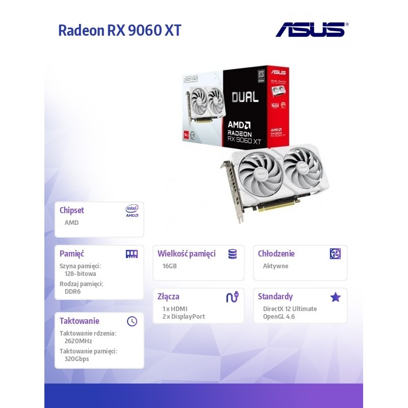 Karta VGA Asus Dual Radeon RX 9060 XT White Edition 16GB GDD… | PartsPC.pl