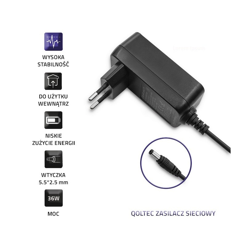 Zasilacz sieciowy Qoltec 36W 12V 3A 5.5*2.5