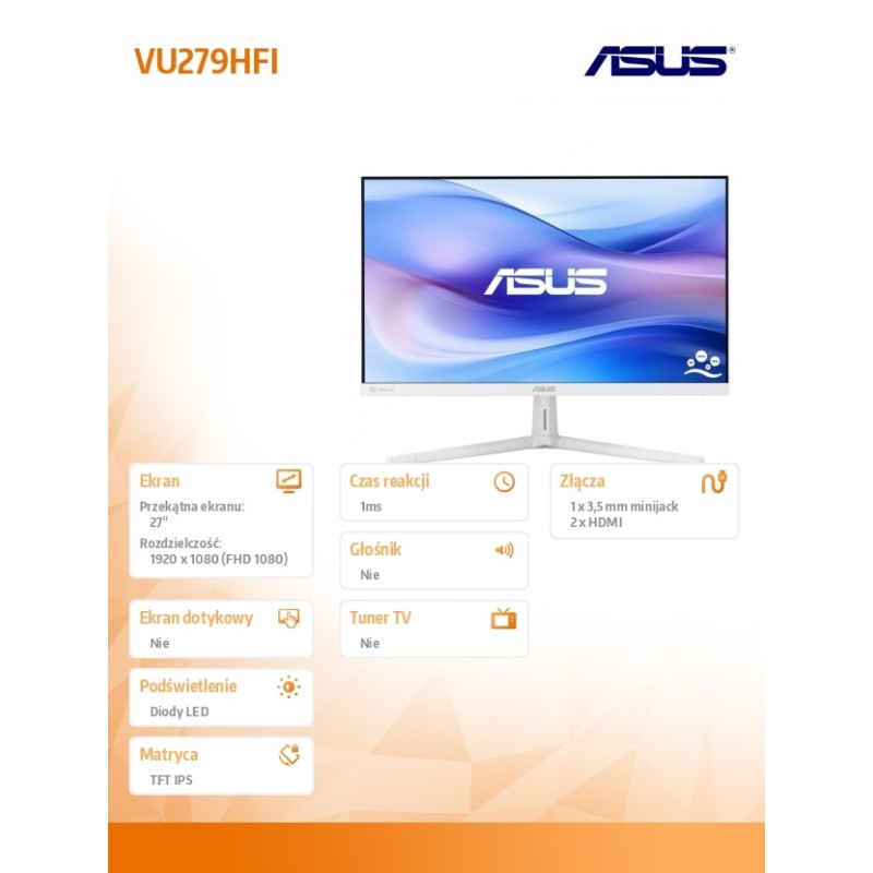 Monitor Asus 27" VU279HFI-W Eye Care Monitor IPS FHD 100Hz 2… | PartsPC.pl