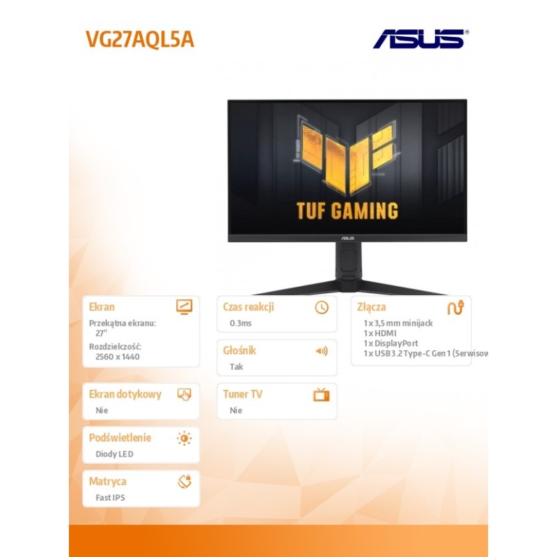 Asus Monitor 27 cali VG27AQL5A DP/2HDMI 0.3MS czarny | PartsPC.pl