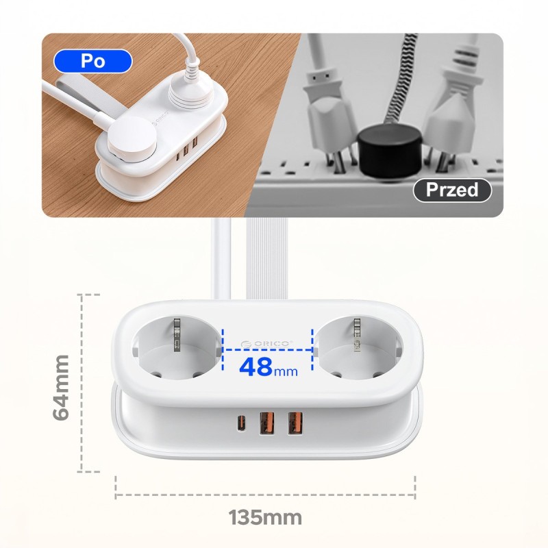 Orico Listwa zasilająca 2 x Schuko, 2 x USB-A, USB-C 20W, ka… | PartsPC.pl