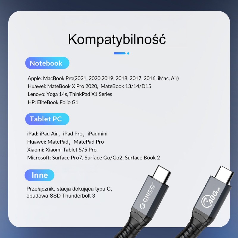 Orico Kabel Thunderbolt 4, USB-C 40 Gbps, 8K60Hz, PD 100W, 2… | PartsPC.pl