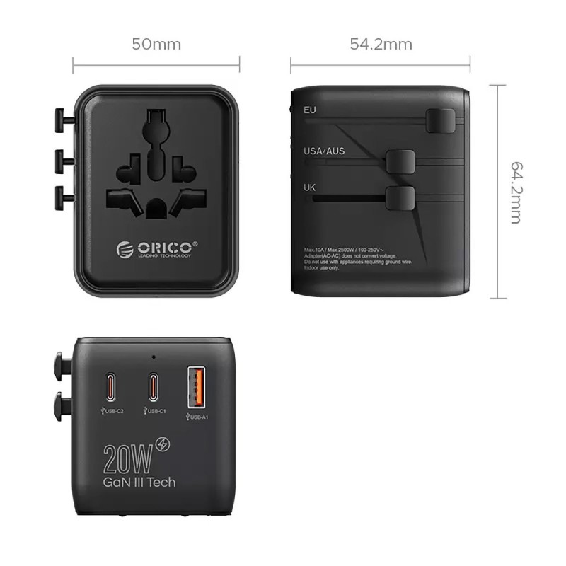 Orico Ładowarka podróżna, adapter sieciowy UK/EU/US/AU, 2x U… | PartsPC.pl